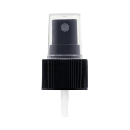 Czarny atomizer ryflowany 24/410, spryskiwacz typu mgiełka do równomiernego rozpylania kosmetyków, perfum, toników, hydrolatów, płynów pielęgnacyjnych oraz środków dezynfekujących i antybakteryjnych. ATBLR24410.