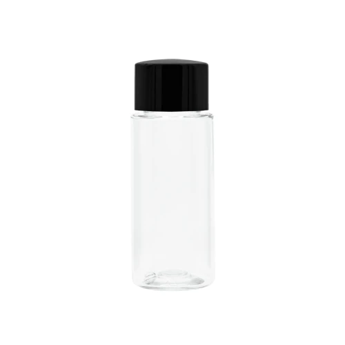 Bezbarwna butelka 50 ml, w zestawie z czarną nakrętką, gładka, plastikowa, szczelny zestaw, produkty promocyjne, kosmetyka profesjonalna, produkty laboratoryjne, 50 ml PET + NAK BL 24/410.
