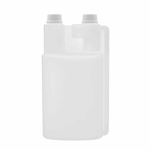 Profesjonalna butelka combo 1000 ml z podwójną komorą, w zestawie z dwoma białymi nakrętkami, szczelna konstrukcja dwa w jednym, trwałe tworzywo, do środków chemicznych , branża sprzątająca, suplementy diety dla zwierząt, 1000 HDPE2K 28/410+NAKPWH 28/410.