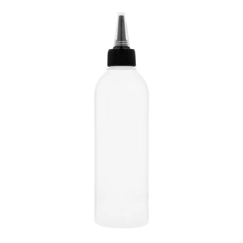 Butelka LDPE 250 ml z aplikatorem do wcierek, odżywek, serum, olejków i preparatów trychologicznych. Elastyczna konstrukcja umożliwia dozowanie przez ściskanie, a dzióbek 3 mm pozwala kierować preparat bezpośrednio w miejsce aplikacji.